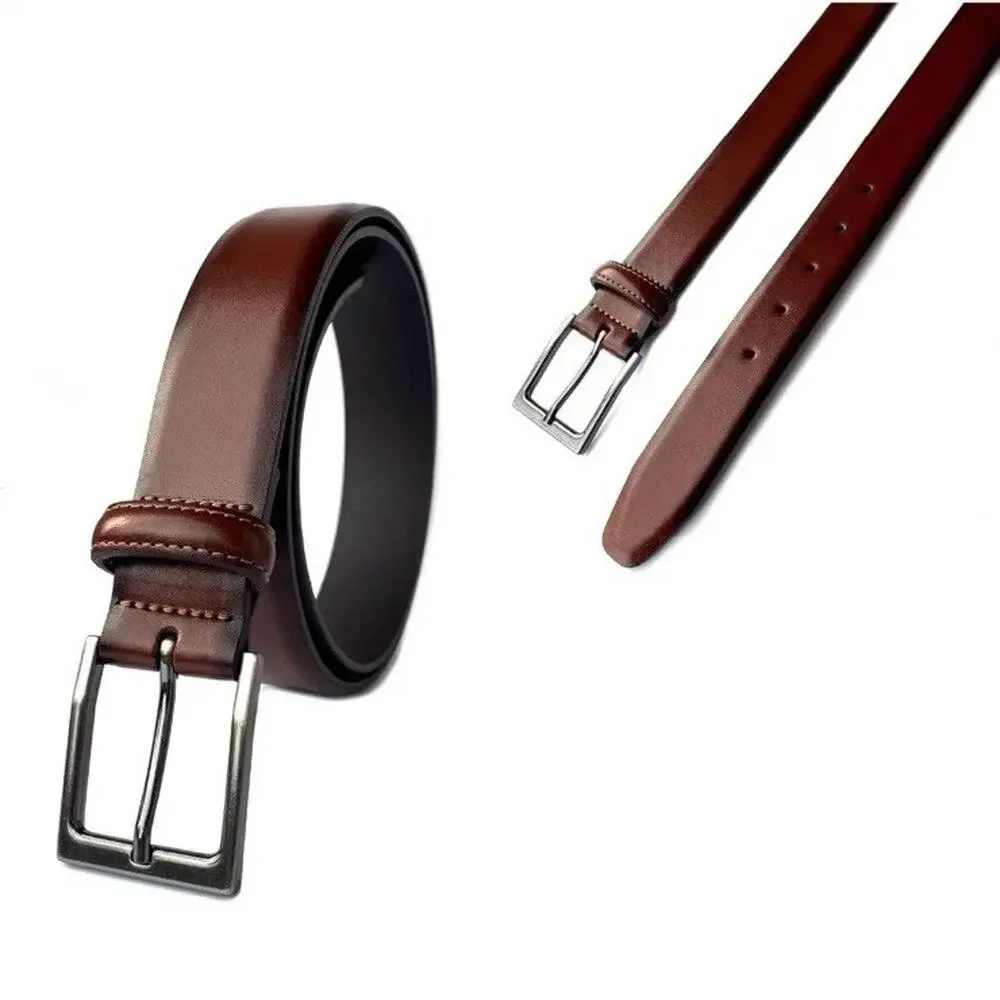 Florsheim Mens Genuine Leather Dress Belt 33mm Width Brushed Silver Buckle Brown